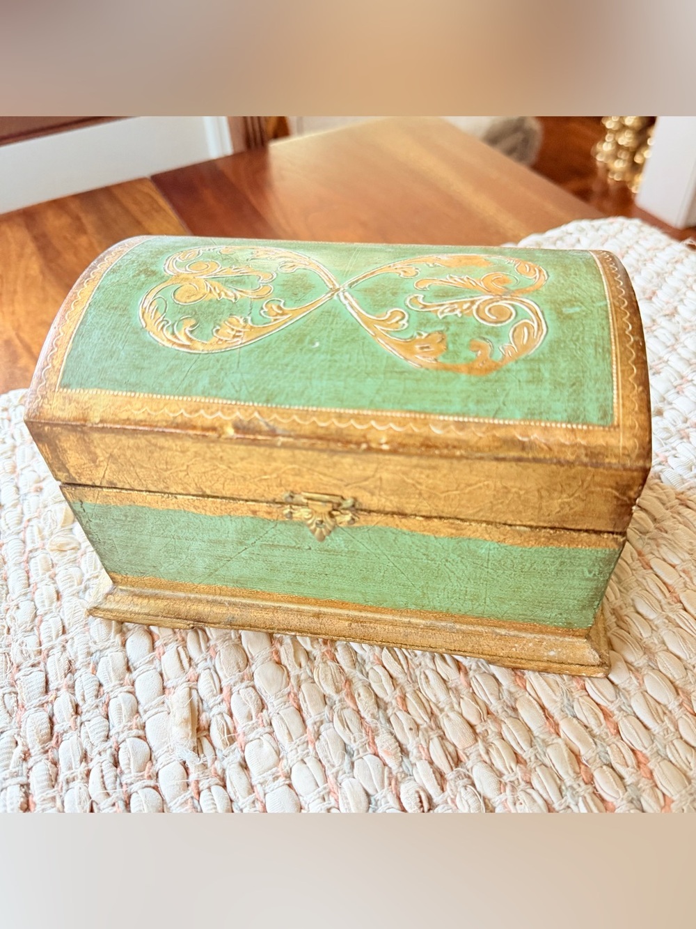 Vintage Italian Florentine wooden trinket or jewelry box with a domed lid